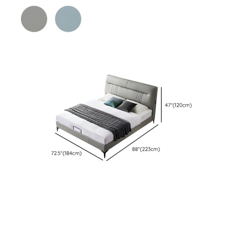 "Dimension of Contemporary Standard Bed with Black Legs and Genuine Leather Panel Headboard - Blue Panel 71"W x 79"L Single Bed"