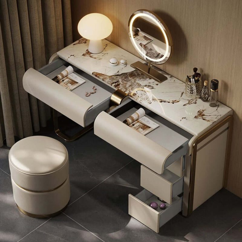 "Modern Gray Makeup Vanity Set with Side Cabinet Dressing Table with Mirror & Stool"