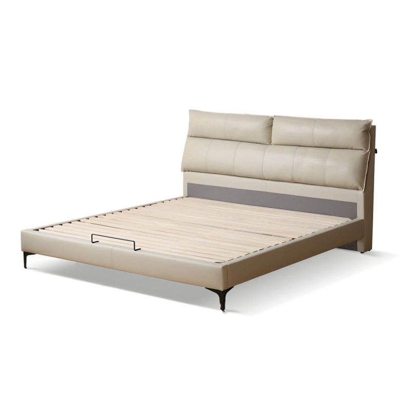"Leather Standard Bed Contemporary Wood Frame Bed with Upholstered Headboard - 59"W x 79"L Bed & Mattress Light Gray"