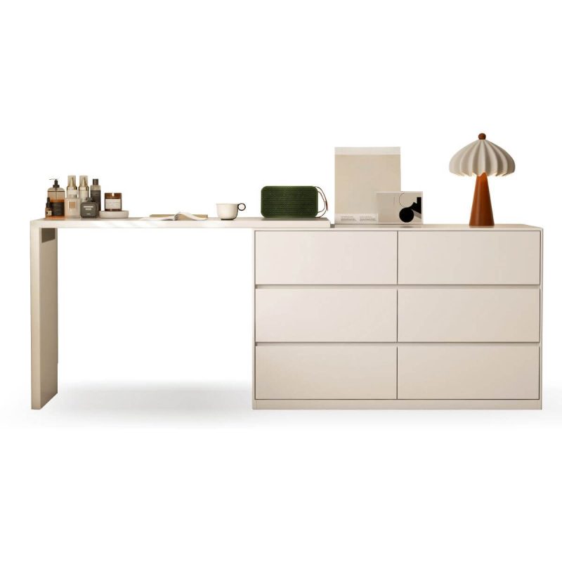 "Modish Large Makeup Vanity with Lumber Frame, 6 Drawers, Chalk Seating, Left, Makeup Vanity (47") & Dresser (47")"