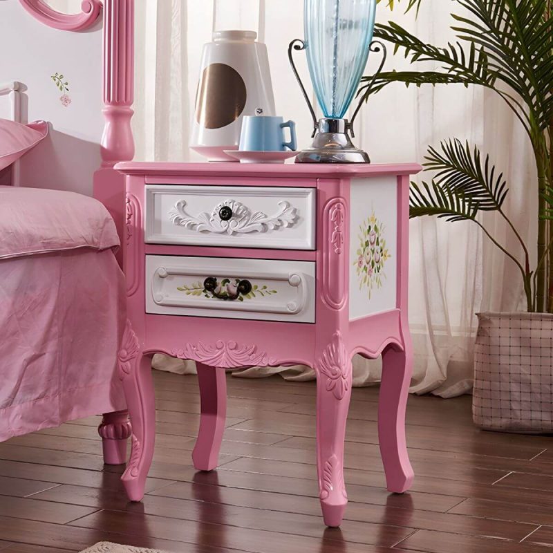 "Distressed French Country Nightstand with Wood Storage and 2 Drawers - Pink 1 Piece"