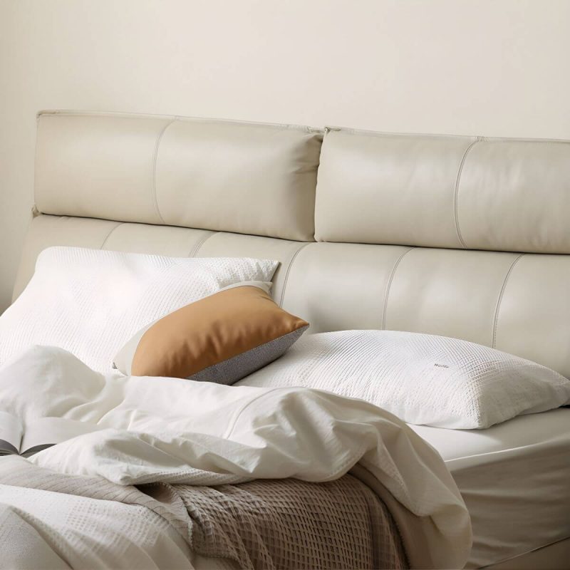 "Leather Standard Bed Contemporary Wood Frame Bed with Upholstered Headboard - 59"W x 79"L Single Bed Off-White"