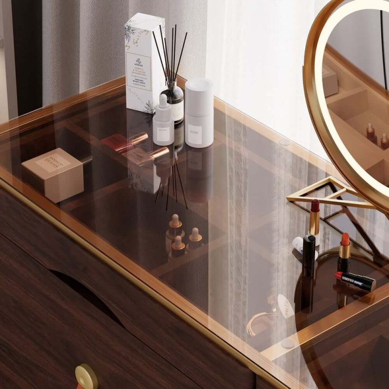 "Chanor 47" Glass Top Walnut 6-Drawer Dresser"