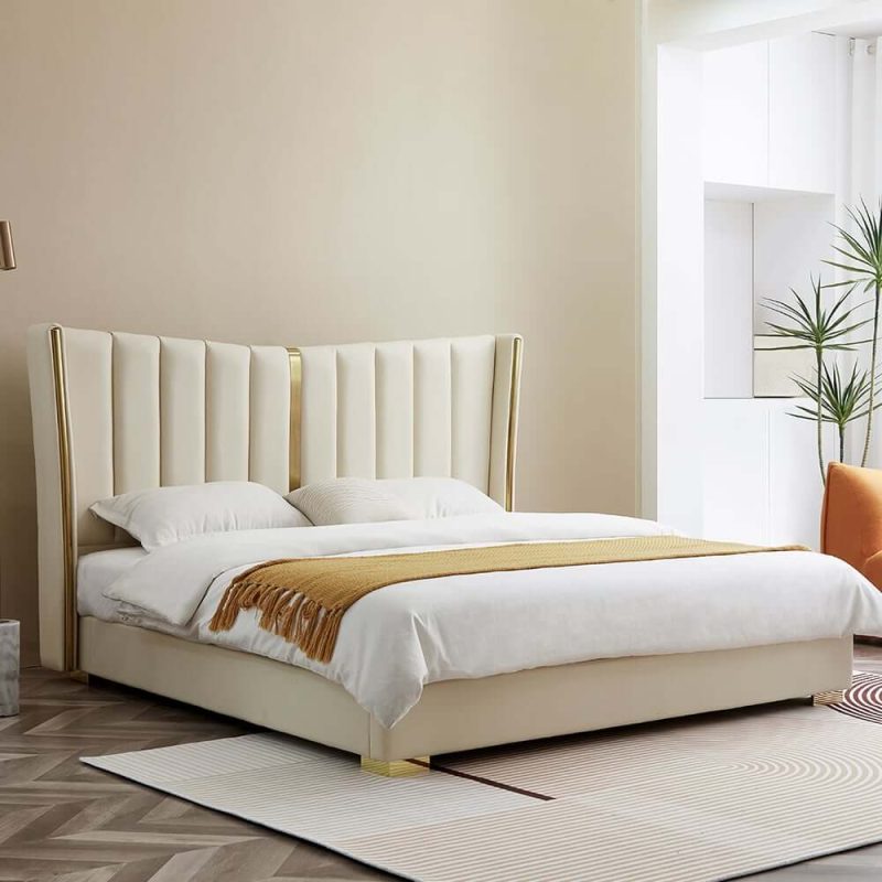 "Modern Beige King Size Bed Wingback Headboard Leather Upholstery & Gold Stainless Steel"