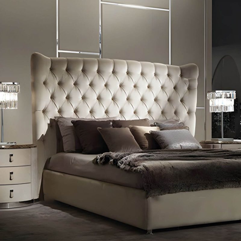 "Elegant Grey Tufted Wingback Headboard with Wood Legs and Camelback Shape - 79""