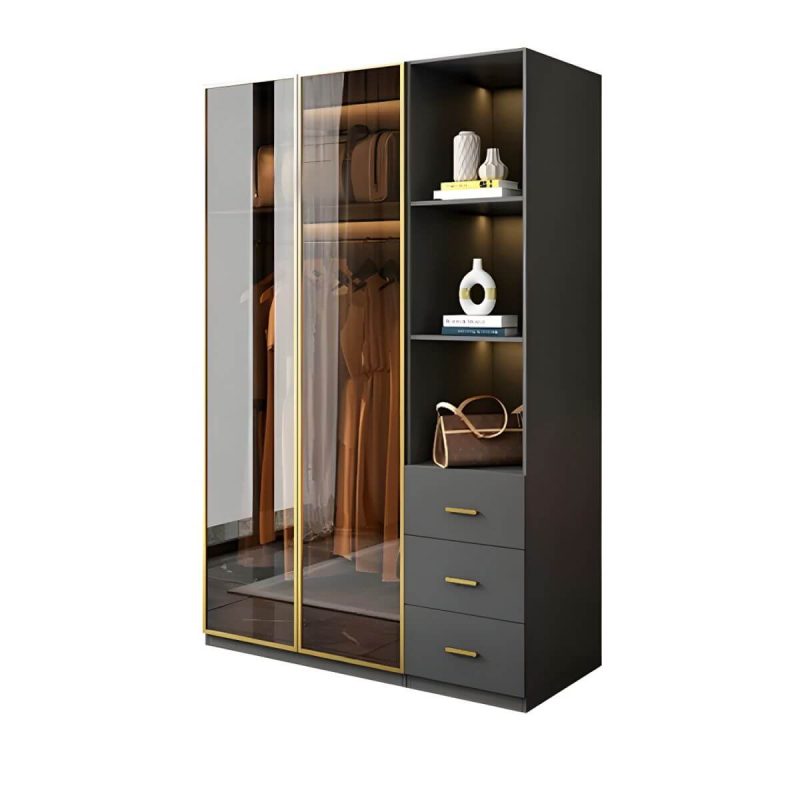 "Modern Glass Wardrobe Wardrobe Armoire Wardrobe Cabinet for Home - Armoire with Side Cabinet 31.5"L x 23.5"W x 83"H"