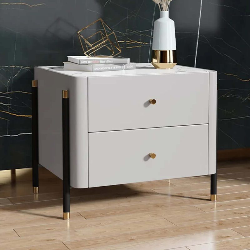 "Modern Luxury Gray Nightstand 2-Drawer Bedside Table with Sintered Stone Top"