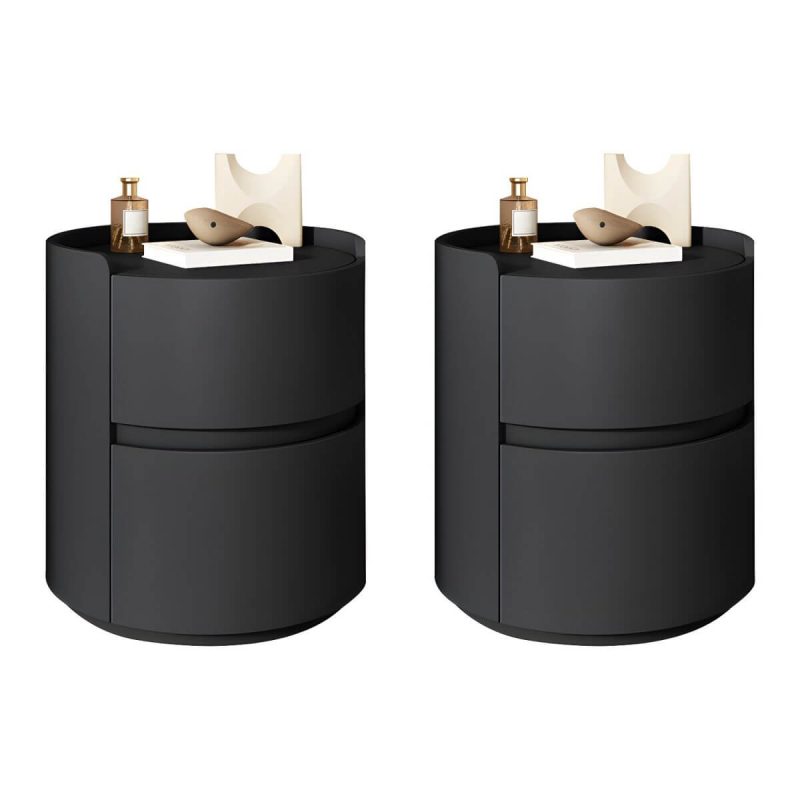 "Modern Faux Leather Round Nightstand with 2 Drawers, Light Wood Tone - Black 2 Piece Set 18"L x 18"W x 20"H"