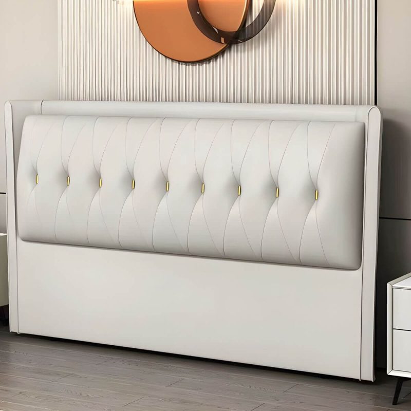 "Contemporary Headboard Bed with Tufted Leather Upholstery in Rectangular - Off-White 79""