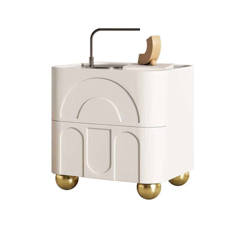 "Modern White Smart Nightstand with Wireless Charger & Sintered Stone Top Bedside Table"