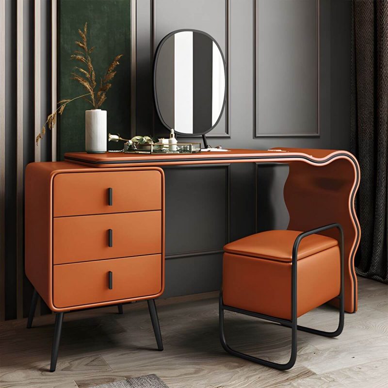 "3 Drawers Make-up Vanity Set, 28.74" H Leather Vanity with Stool & Mirror - 100 x 48 x 73 cm Makeup Vanity & Mirror & Stools Orange/ Black"