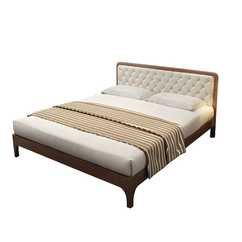 "Mid-Century Modern Upholstered Panel Bed in Genuine Leather with Tufted Headboard - White 59"W x 79"L"