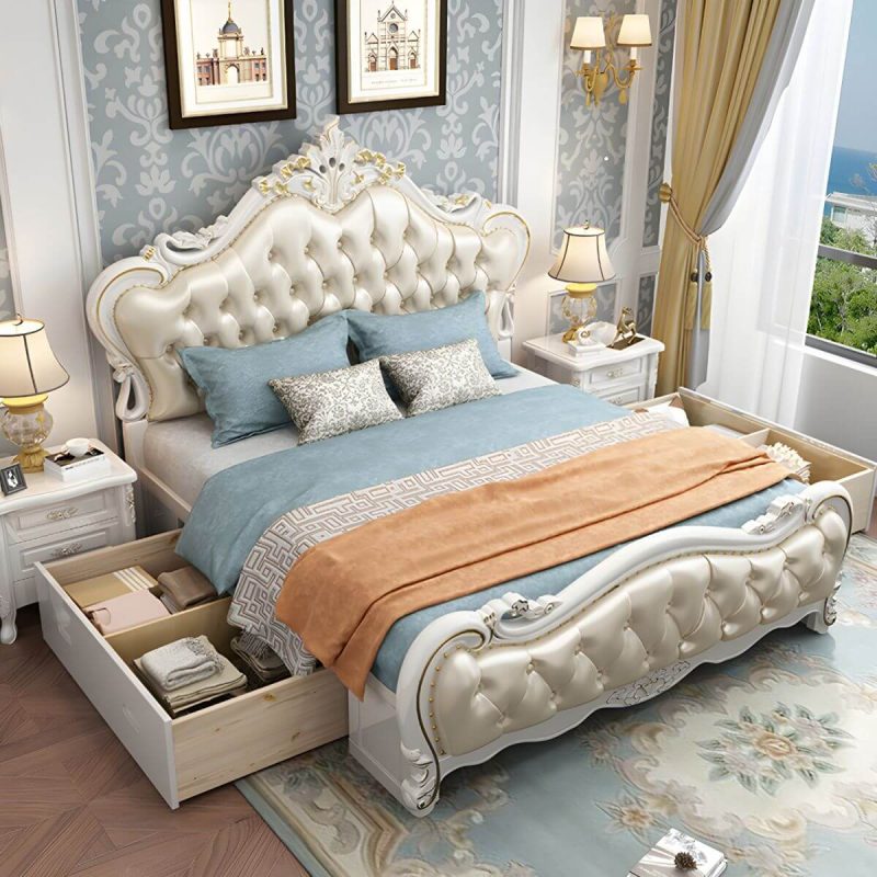 "Beige Upholstered Tufted Standard Bed Genuine Leather Low Bed Frame with Storage - Pull-Out Storage Bed & Mattress Latex 4"H"