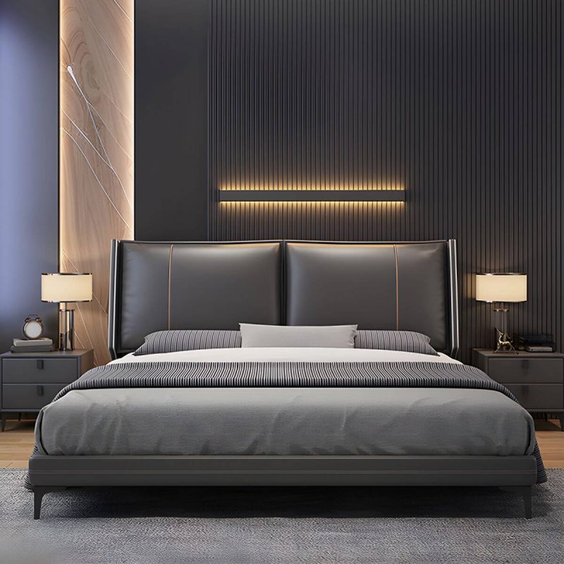 "Contemporary Genuine Leather Grey Standard Bed with Custom Gold Legs - 71"W x 79"L"