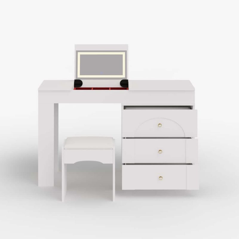 "49.2" White L-shape Makeup Vanity Set with Mirror & Stool"