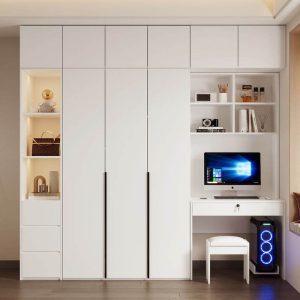"Trendy White Dress up Station Soft Close Drawer Soft Close Door Timber Interior Shelves Hanging Rod, Wardrobe&Dressing Table&Side Cabinet&Top Cabinet, 94"L x 24"W x 94"H"