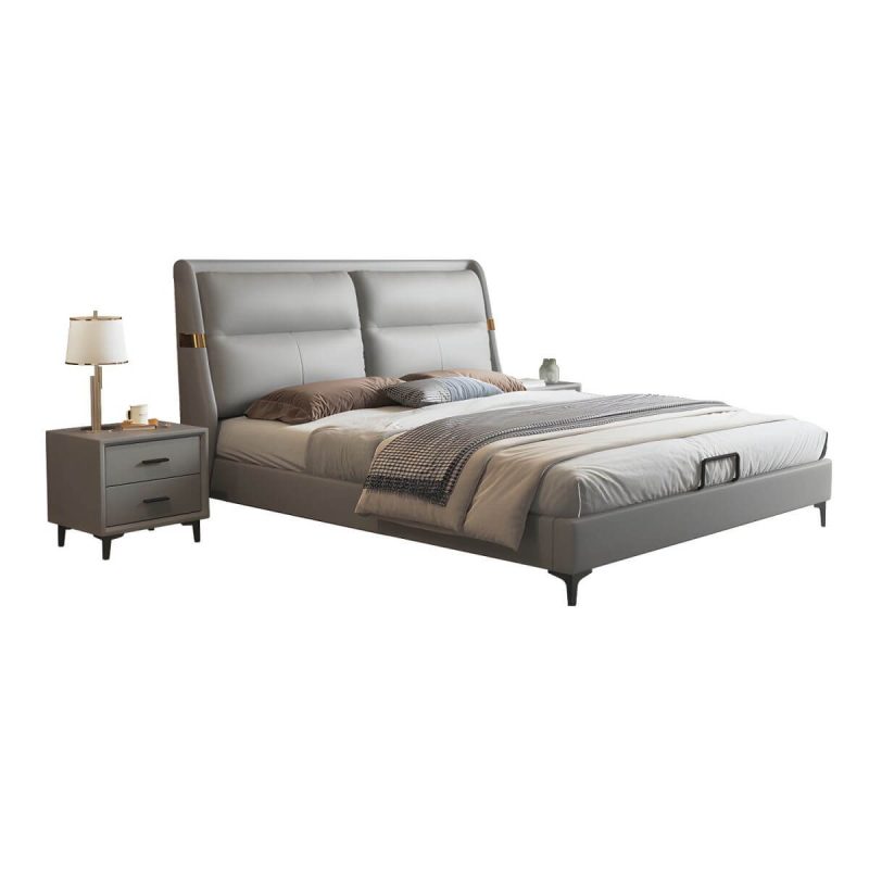 "Grey Upholstered Panel Modern Bed with Genuine Leather Headboard - 59"W x 75"L Open-Frame"