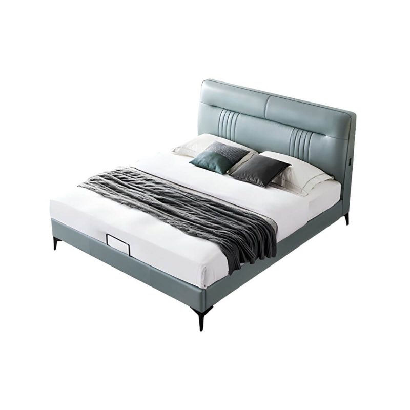 "Contemporary Standard Bed with Black Legs and Genuine Leather Panel Headboard - Blue Panel 71"W x 79"L Single Bed"