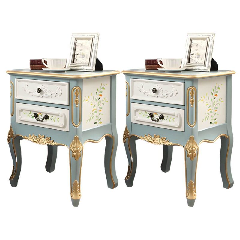 "Distressed French Country Nightstand with Wood Storage and 2 Drawers - Light Blue 2 Piece Set"