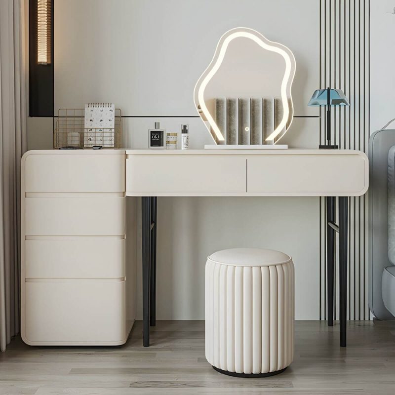 "Contemporary White Wood Lighted Mirror Make-up Vanity with Metal Base - Makeup Vanity & Mirror & Stools White"