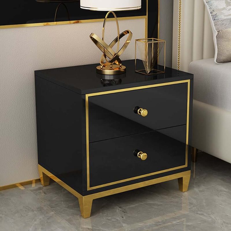 "Modern Black MDF Nightstand with 2 Drawers and Stainless Steel Leg"