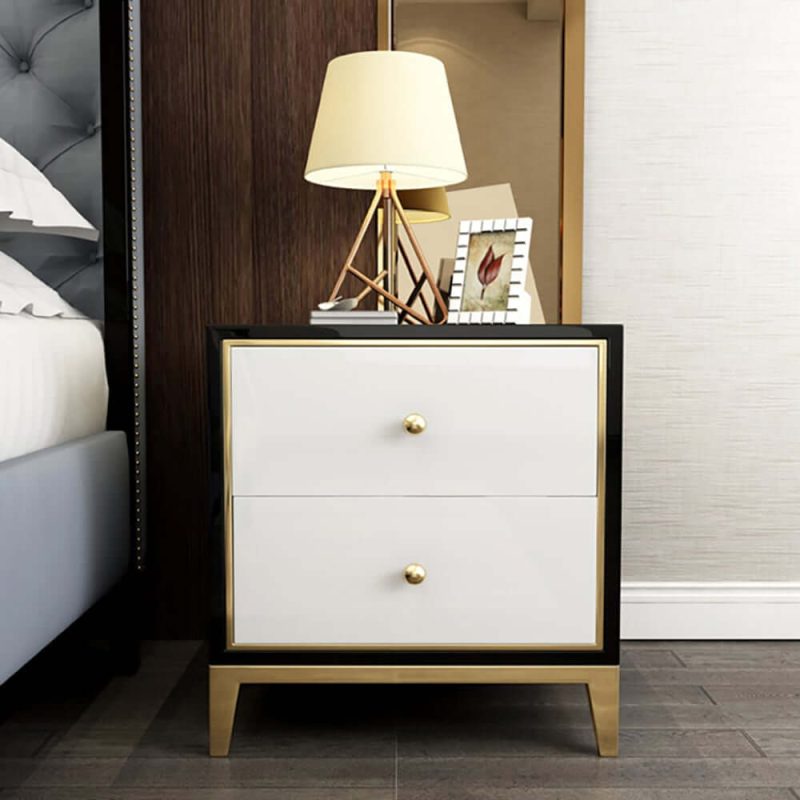 "Modern Black & White MDF Nightstand with 2 Drawers and Stainless Steel Leg"