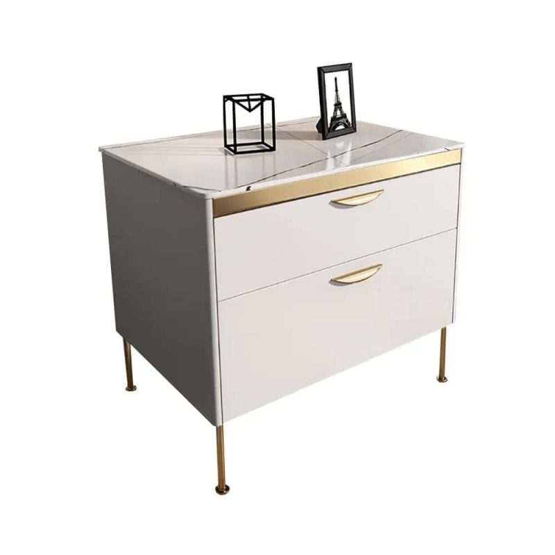 "Modern White Nightstand Luxury Stone Top 2-Drawer Lacquered Bedside Table"