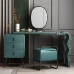 "3 Drawers Make-up Vanity Set, 28.74" H Leather Vanity with Stool & Mirror - Makeup Vanity & Mirror & Stools Black/ Green 80 x 48 x 73 cm"