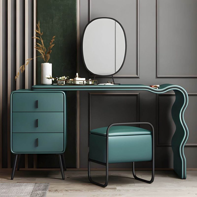 "3 Drawers Make-up Vanity Set, 28.74" H Leather Vanity with Stool & Mirror - Makeup Vanity & Mirror & Stools Black/ Green 80 x 48 x 73 cm"