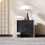 "Modern Black Wood Nightstand with 2 Drawers and Faux Leather Countertop in Small Size - Left"