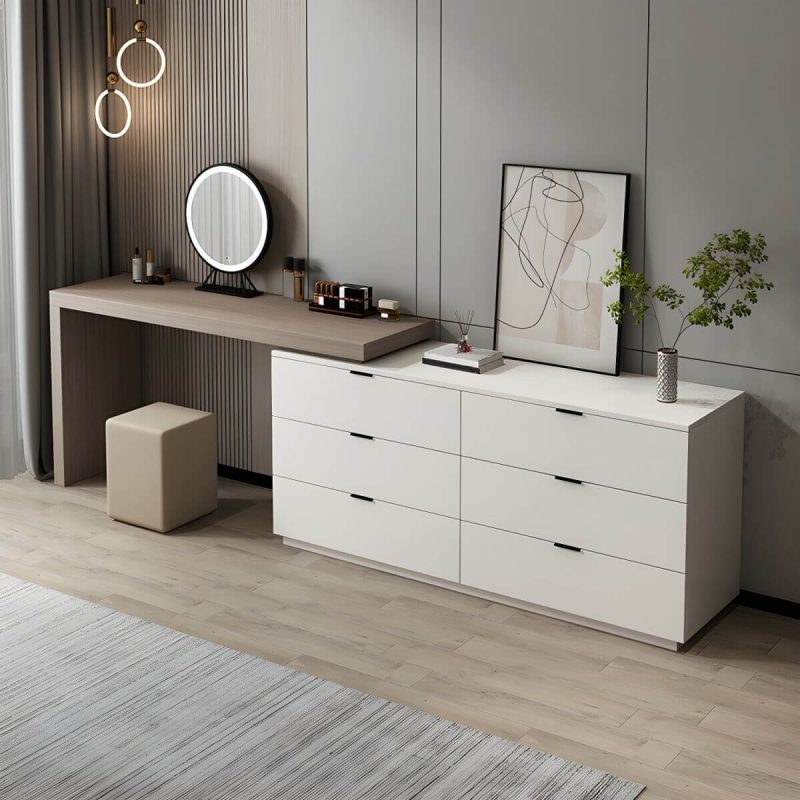 "Lighted Mirror 6- Drawers Wood Standing Vanity Dressing Table - White Makeup Vanity & Mirror & Stools 235 x 40 x 75 cm"