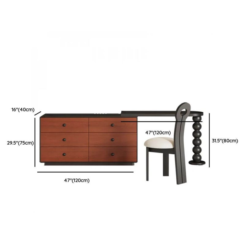 "Dimension of Ink Seating Modish Vanity Set with Desk, Large Size, Timber Table Top, and Chair, Makeup Vanity (47") & Dresser (47") & Key Chair"