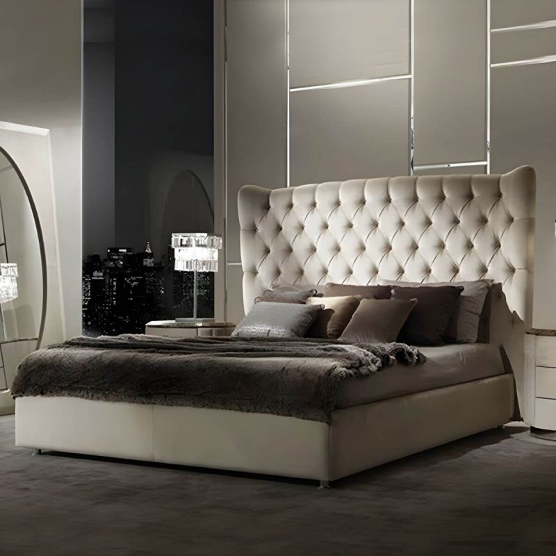 "Elegant Grey Tufted Wingback Headboard with Wood Legs and Camelback Shape - 53""