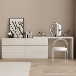 "Lighting System Vanity Set 6 Drawers Large Mirror Lights Timber Seat, White, White, Makeup Vanity (51") & Dresser (51") & Stool & Mirror"