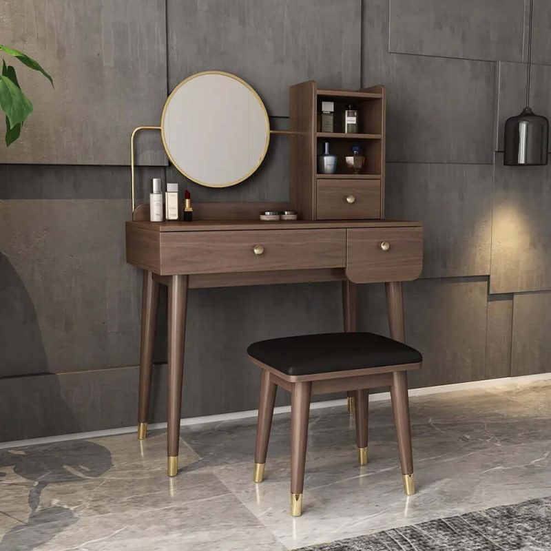 "Ultic 2 Pieces Minimalist Makeup Vanity Set in Walnut with Mirror & Stool"
