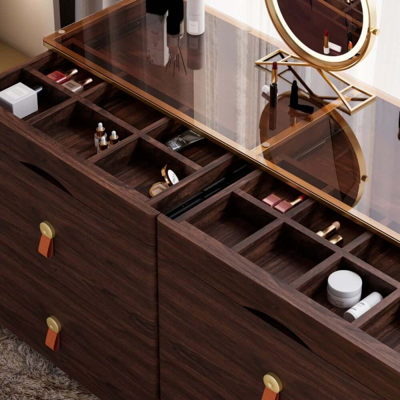 "Chanor 47" Glass Top Walnut 6-Drawer Dresser"