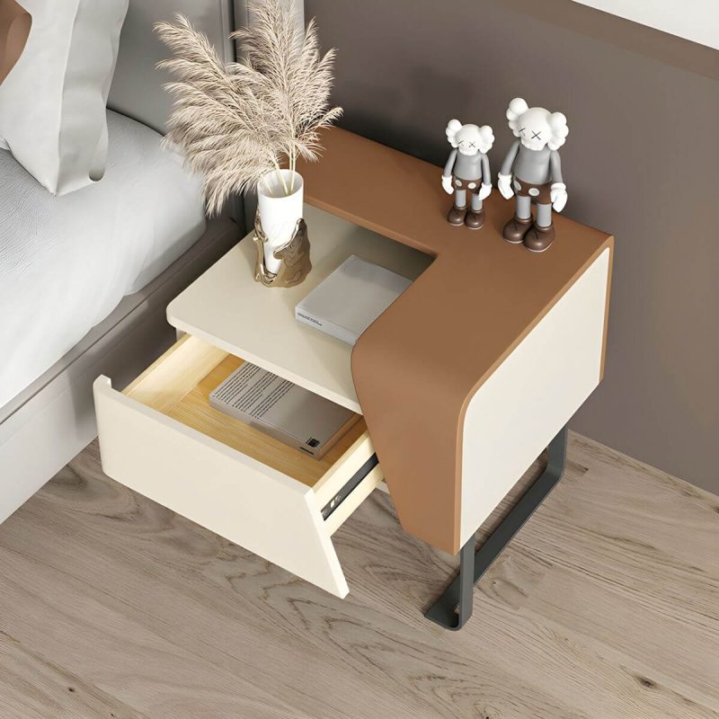 "Chic Modern Wood Bedside Cabinet with One Drawer Storage, Under 21 Inches in Length - Right Dark Gray/ Beige"