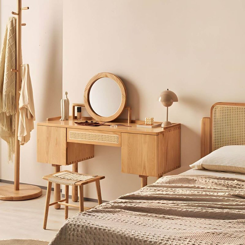 "Ash Wood Rectangle Dressing Table with Storage Cabinets and 4 Legs - Makeup Vanity"