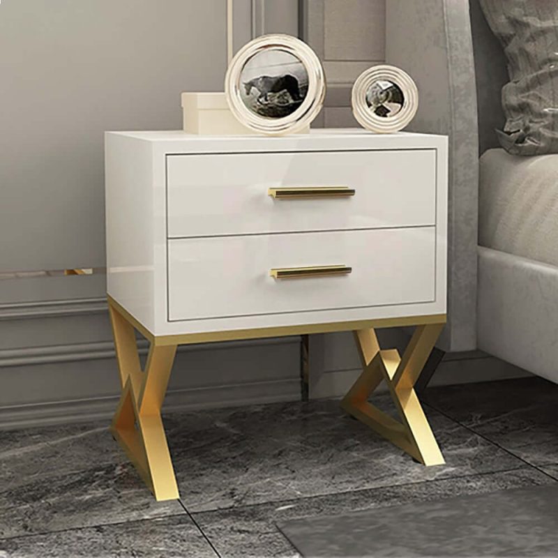 "Nordic White Nightstand 2-Drawer Bedside Table Gold Finish"