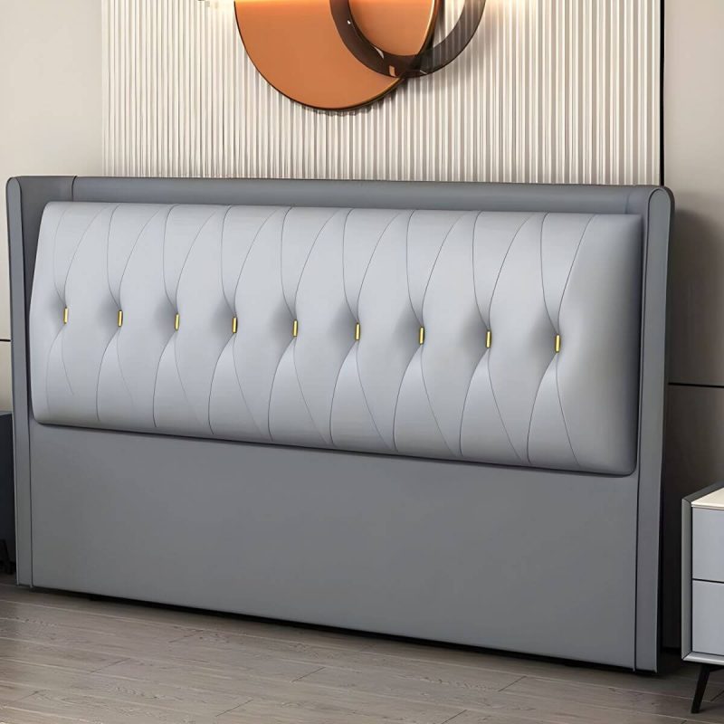 "Contemporary Headboard Bed with Tufted Leather Upholstery in Rectangular - Gray-White 71""