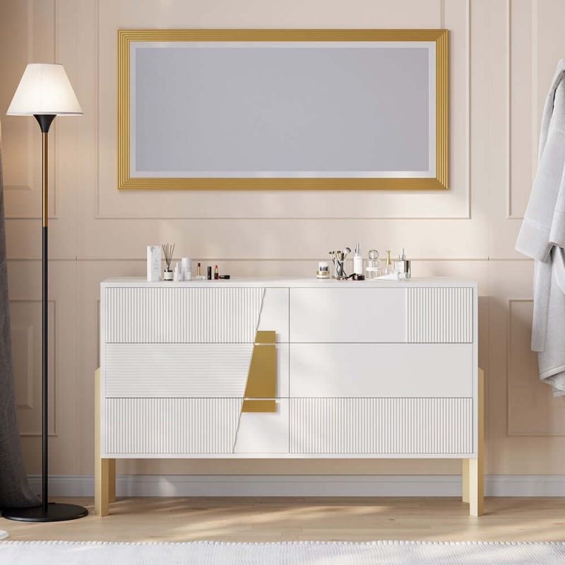"55"W Modern White 6 Drawer Dresser Fluted Chest Storage Cabinet"