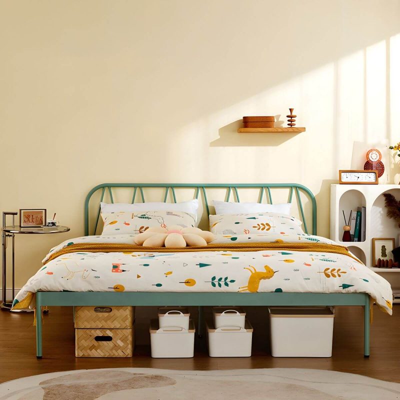 "Glam Standard Bed Metal Open-Frame Bed with Custom Gold Legs - 71"W x 79"L Single Bed Green"