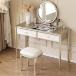 "Vanity Set with 2 Drawers, Wood Frame, Cushioned Chair, Standing Mirror, White Seating, Standard Length, and Seat Included, Makeup Vanity & Stool & Mirror"