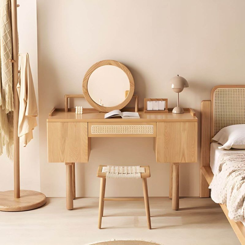 "Ash Wood Rectangle Dressing Table with Storage Cabinets and 4 Legs - Makeup Vanity"