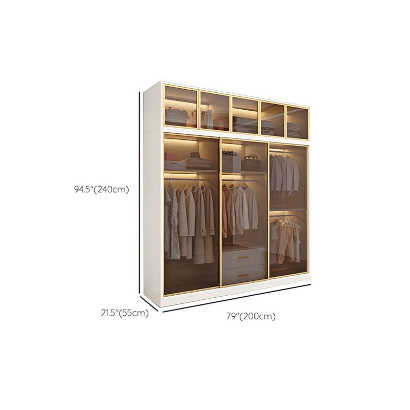 "Dimension of Modern White Wood Frame Wardrobe Freestanding Wardrobe with Sliding Glass Doors - Armoire with Top Cabinet 79"L x 22"W x 79"H"