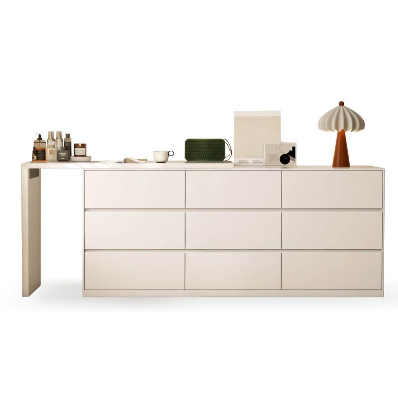 "Modish Large Makeup Vanity with Lumber Frame, 9 Drawers, Chalk Seating, Left, Makeup Vanity (47") & Dresser (59")"