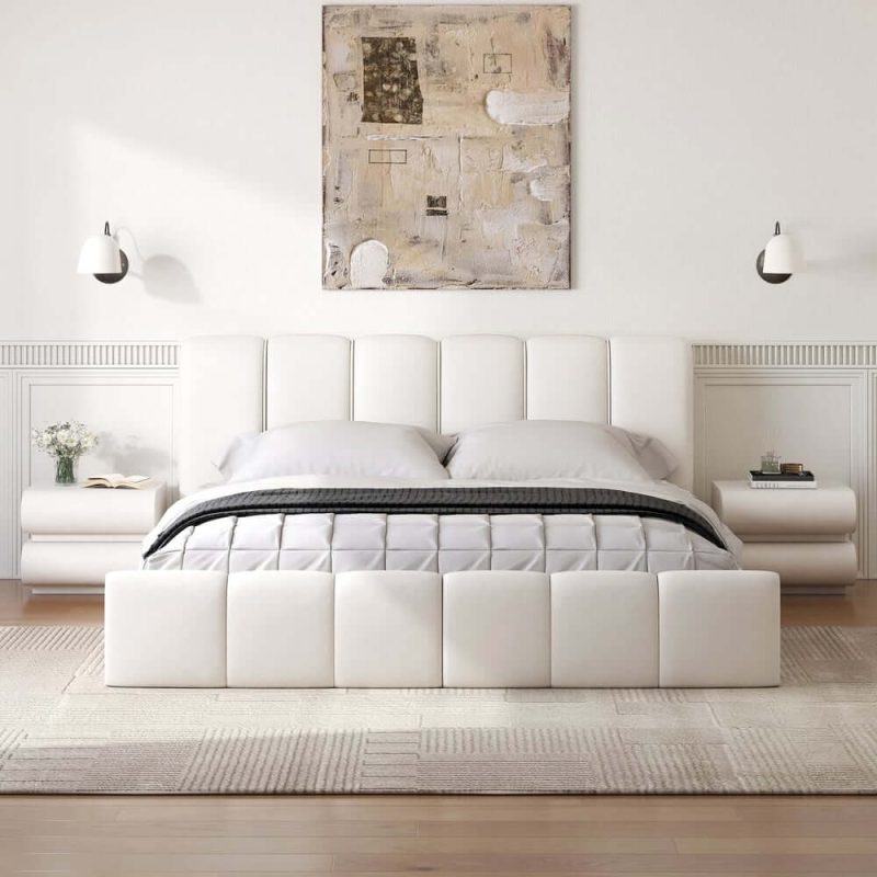 "Humply Modern Leather Wingback Queen Bed Frame with Upholstered Headboard"