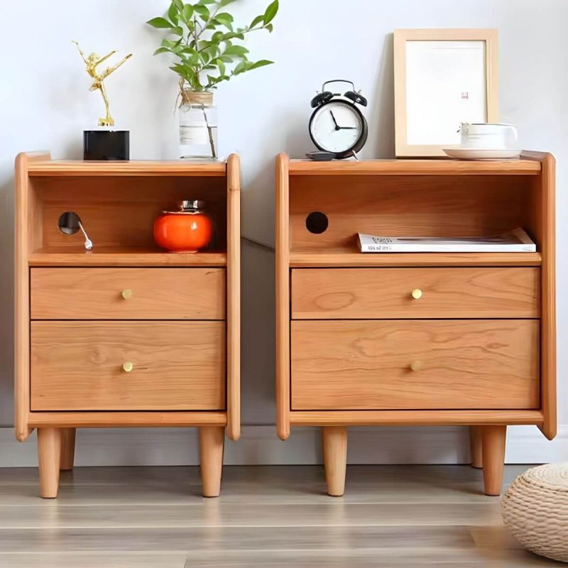 "Solid Wood Nightstands Natural Wood Color with Drawers and Open Shelf - 18"L x 16"W x 22"H"