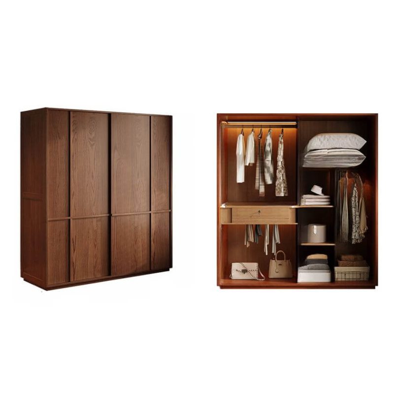 "Timber Simplistic Wardrobe Closet with Soft Close Drawer, Soft Close Door, Interior Shelves, and Hanging Rod, Nut-Brown, 62"L x 24"W x 83"H"