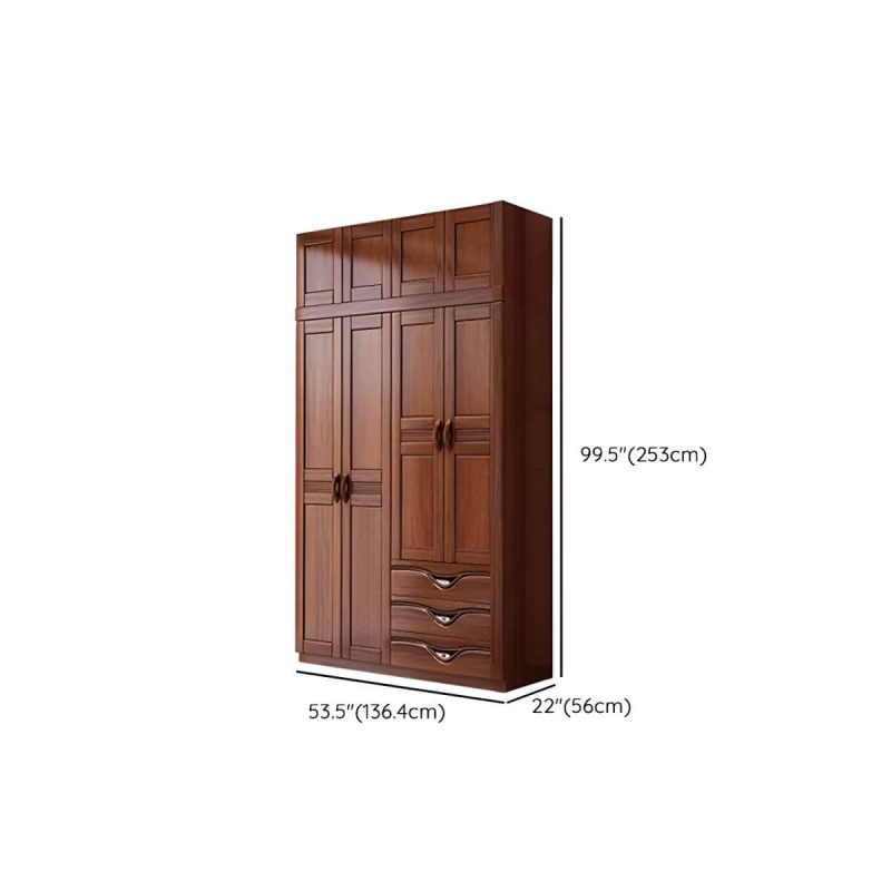 "Dimension of Wood Brown Rustic Wardrobe Armoire with Drawers & Shelves, Walnut Finish - 53"L x 22"W x 100"H"